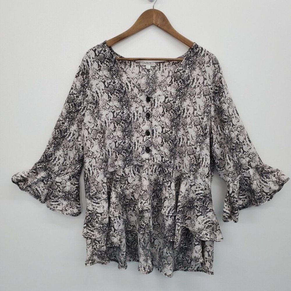 Ophelia Roe Womens Snakeskin Ruffle Tunic Top Size 1X Bell Sleeve Pink‎ Black